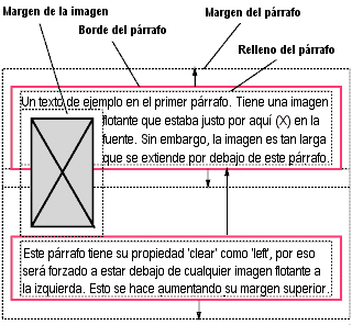 Imagen mostrando una imagen flotante y el efecto de 'clear: left' en los dos prrafos.